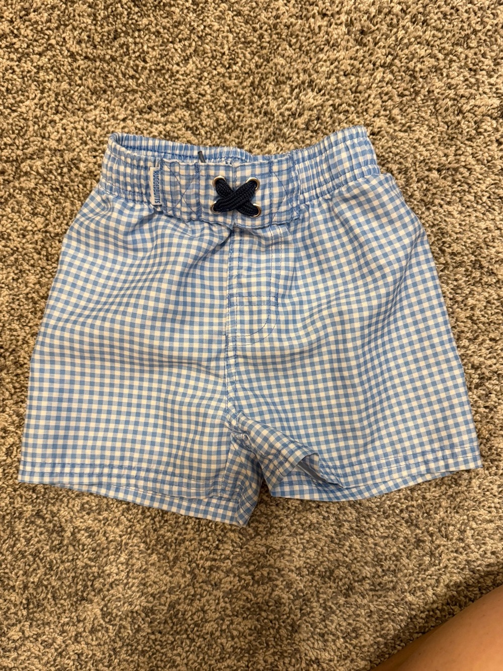 Blue Gingham Kids Swim Trunks with Navy Drawcord